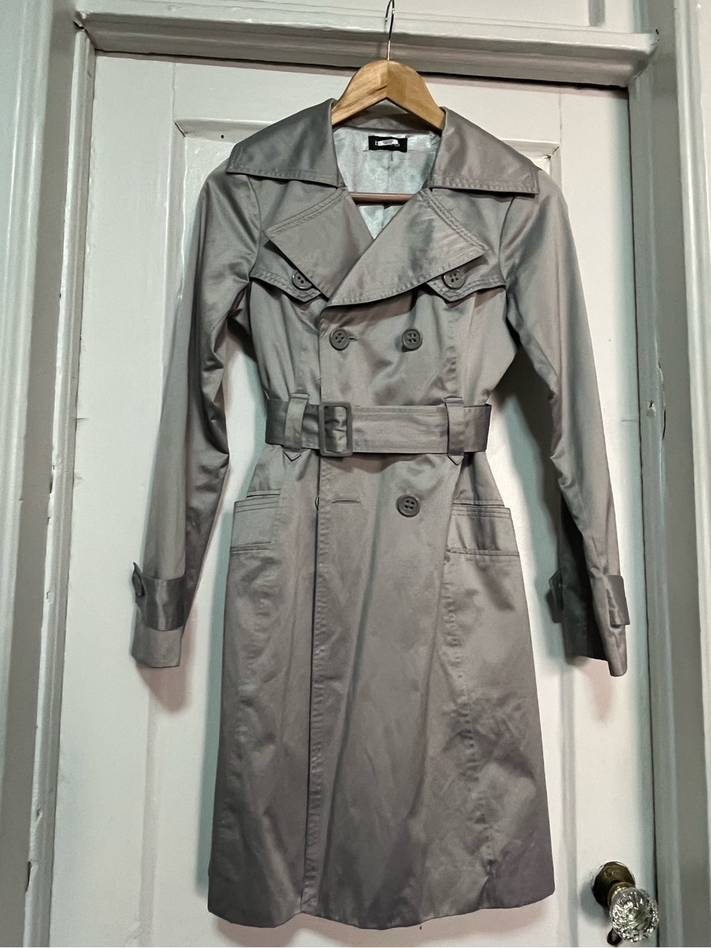 bebe Double-Breasted Gray Trench Coat with Belt